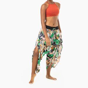 Flap Harem Pant Open Side Tasseled Boho Yoga Travel Beach Floral Green Kira